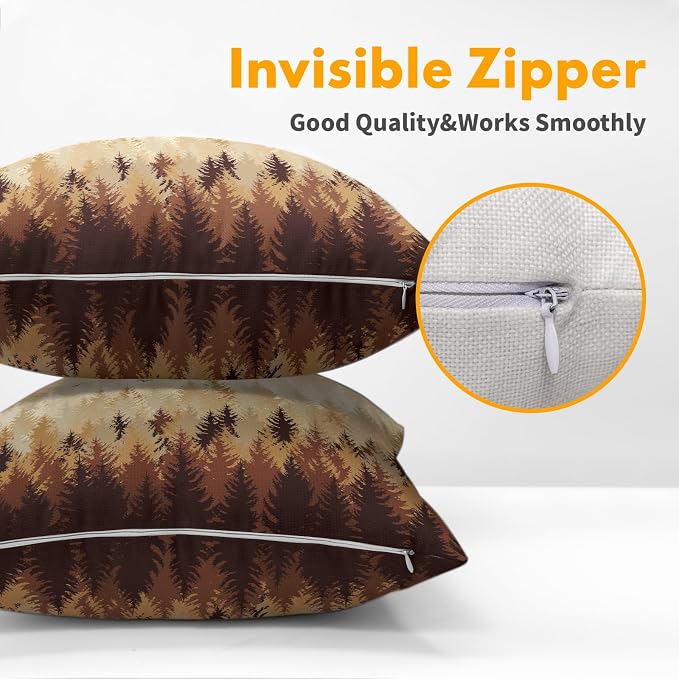 Fall Misty Forest Throw Pillow Covers 18x18 Inch Set of 2 Brown Mountain Woodland Decorative Pillow Cases Nature Pine Trees Farmhouse Cotton Linen Square Cushion Cover for Home Sofa Couch Bed Patio