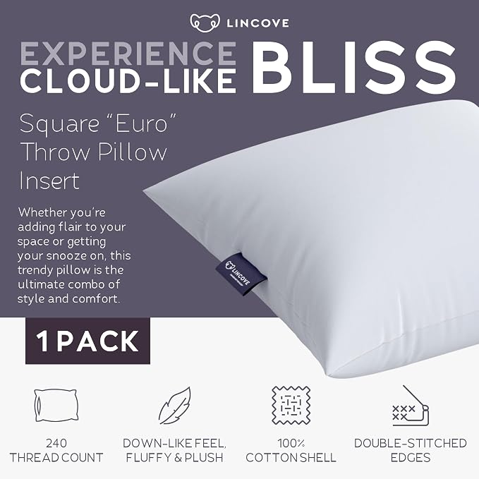 Lincove Euro Throw Pillow Insert Square 24"x24" Pillow – Made in Canada, 100% Cotton Shell, Down Alternative Filling, Vegan-Friendly, Hypoallergenic - Decorative Couch Pillows, 1 Pack