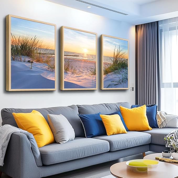 Natural Wood Framed Wall Art for Living Room and Bedroom - Large Size Sun Blue Beach Pictures - Office and Home Decor - Ocean Paintings Set of 3 Piece Framed Art Prints