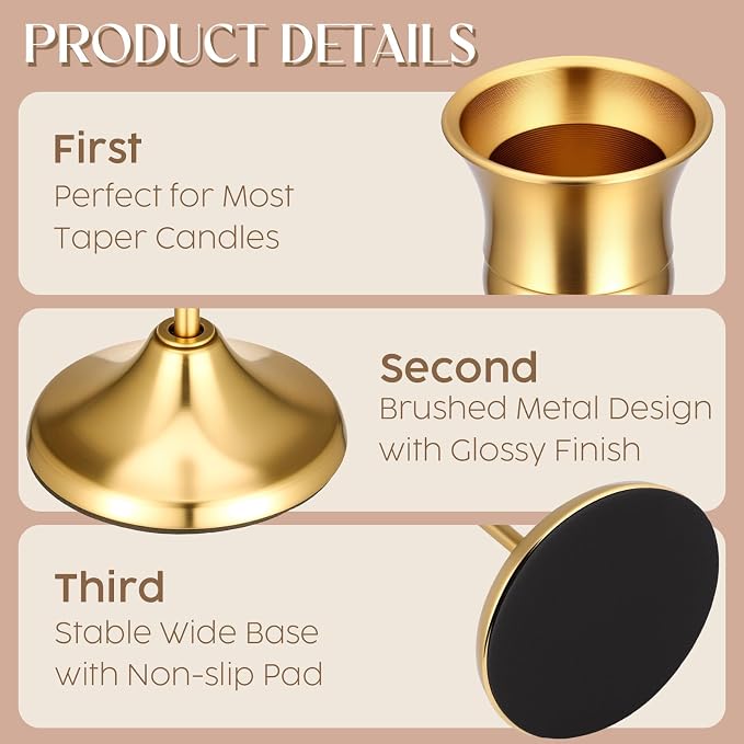 24PCS Brass Gold Taper Candle Holders Set, Vintage Metal Candlestick | Tall Table Centerpiece, Pillar & LED Candles, Wedding Reception, Festive Christmas Mantel Decoration
