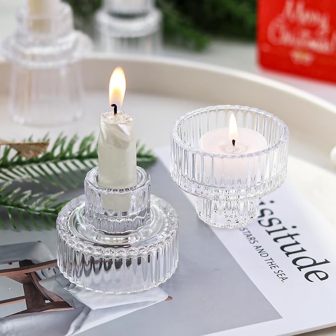 Clear Candlestick Holders 12PCS Ribbed Glass Taper Candle Holders for Tealight Stick Candles Table Centerpieces Thanksgiving Christmas Indoor and Outdoor Decorations