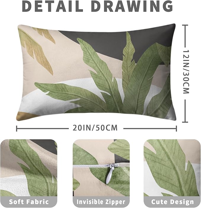 Spring Summer Green Tropical Lumbar Pillow Covers 12x20 Set of 2 Palm Leaf Throw Pillow Covers Brown and White Black Decorative Pillowcase Modern Home Decor for Bed Sofa