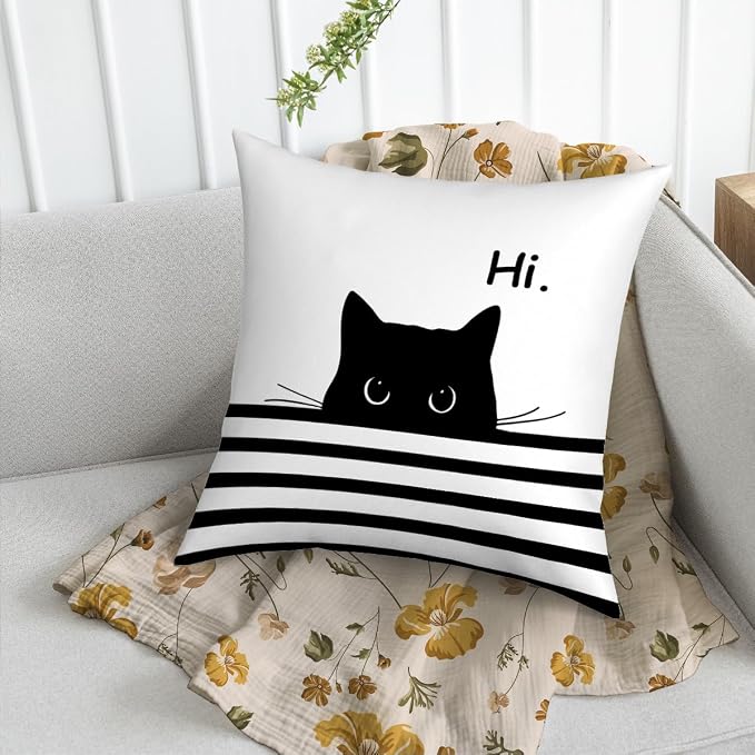 Fokongna Hi Cute Black Cat PatternPillow Covers for Couch Home Bedroom Living Room 18 x 18 Inch Pillow Covers