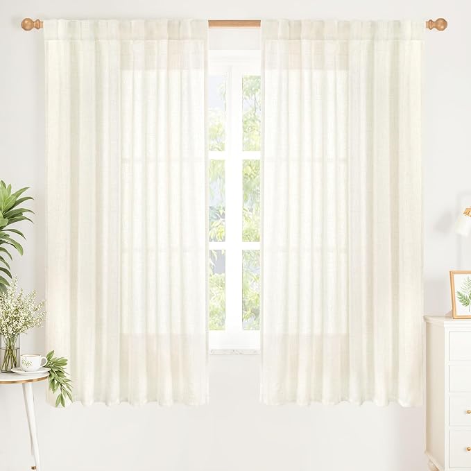 YoungsTex Ivory Linen Semi Sheer Curtains 52X63 Inch Length for Living Room | Light Filtering Drapes with Rod Pocket Back Tab for Country Bedroom Windows, 2 Panels, 52 X 63 Inch