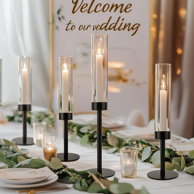 Black Hurricane Candle Holders, Set of 6 Glass Taper Candlestick Holders Metal Candle Stands Bulk with Glass Cover for Dining Tables Wedding Candelabra Centerpieces Decor