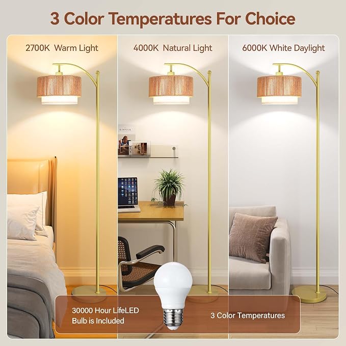 SUNMORY Arc Floor Lamps for Living Room, Rattan Standing lamp with 12W Bulb