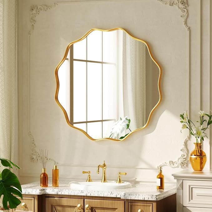 20" Decorative Scalloped Round Wall Mirror, Wavy Metal Deep Frame, Gold | Circle Mirror Wall Mounted for Bathroom, Bedroom, Entryway, Living Room
