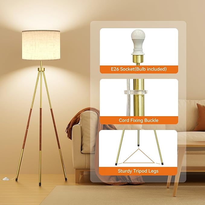SIBRILLE Mid Century Wood Tripod Floor Lamp with Remote & Foot Switch