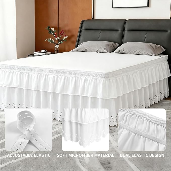 Queen Bed Skirt, Double-Layered Ruffled Eyelet Bed Skirt, Wrap-Around Elastic Dust Ruffle Queen Size with Gathered Styling and Embroidered Details, 18" Drop Length (White)