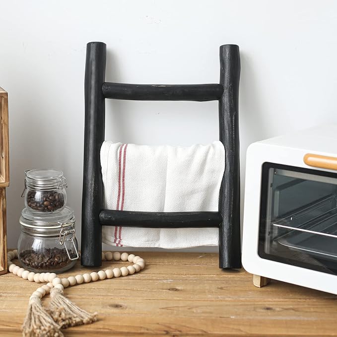 FUIN Tea Towel Ladder, Mini Rustic Solid Wood Decorative Ladder, Black | Farmhouse living room accent, Layered blanket towel quilt display, Visible wood grain, Bathroom and Bedroom use