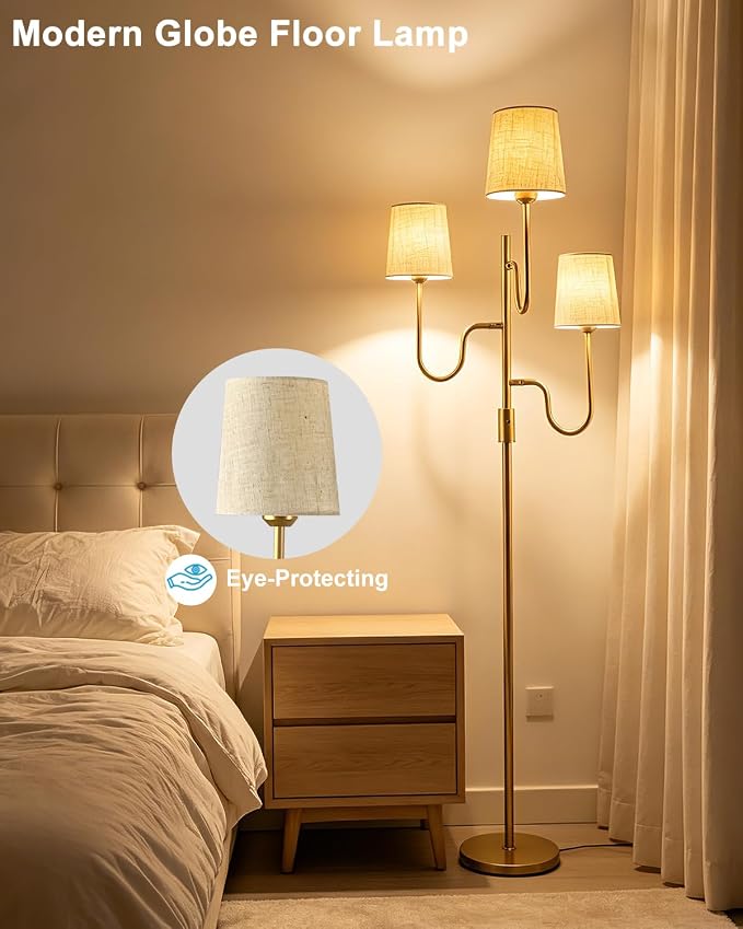 Lightdot 68IN Gold Floor Lamp Dimmable 3-Lights LED Floor Lamps with Cone Fabric Shade& Warm White Bulb for Wedding/Party 3-Arm Standing Tall Lamp for Living Room/Bedroom/Sofa Beside/Corner Decor