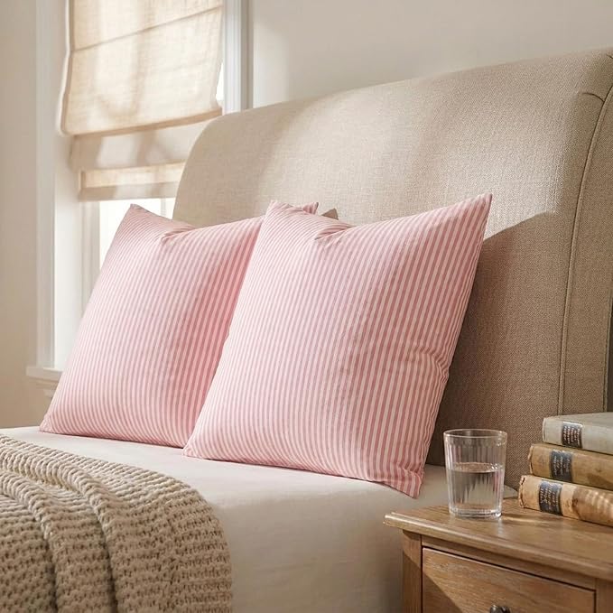 Spring Light Pink Striped Throw Pillow Covers 18x18 Set of 2, Farmhouse Outdoor Decorative Stripe Pillow Covers For Patio Furniture, Funky Blush Pink Throw Pillows 18 x 18 (No Pillow Inserts)