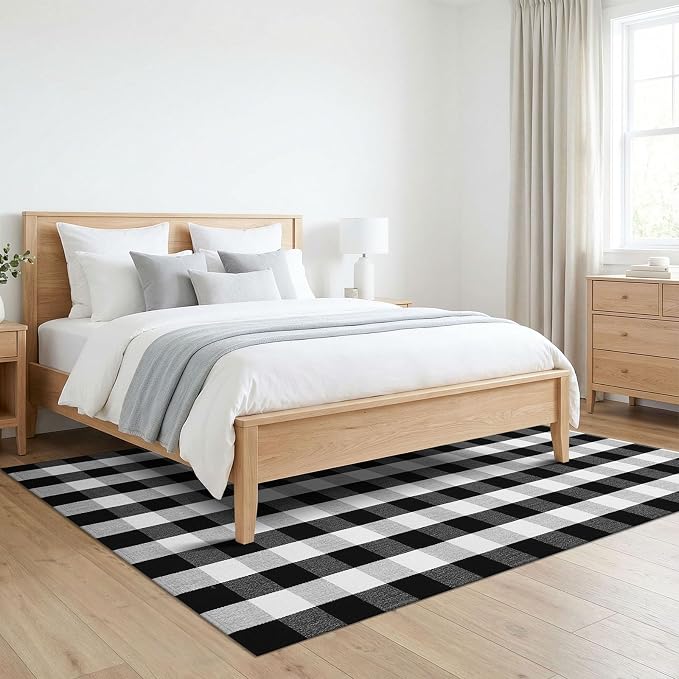 KILOCOCO Buffalo Plaid Checkered Rug 5x7 ft Black White Living Room Rug | Machine Washable Rug for Front Porch, Indoor Outdoor Rugs, Cotton Dining Room Carpet, Low Pile Farmhouse Bedroom Rug