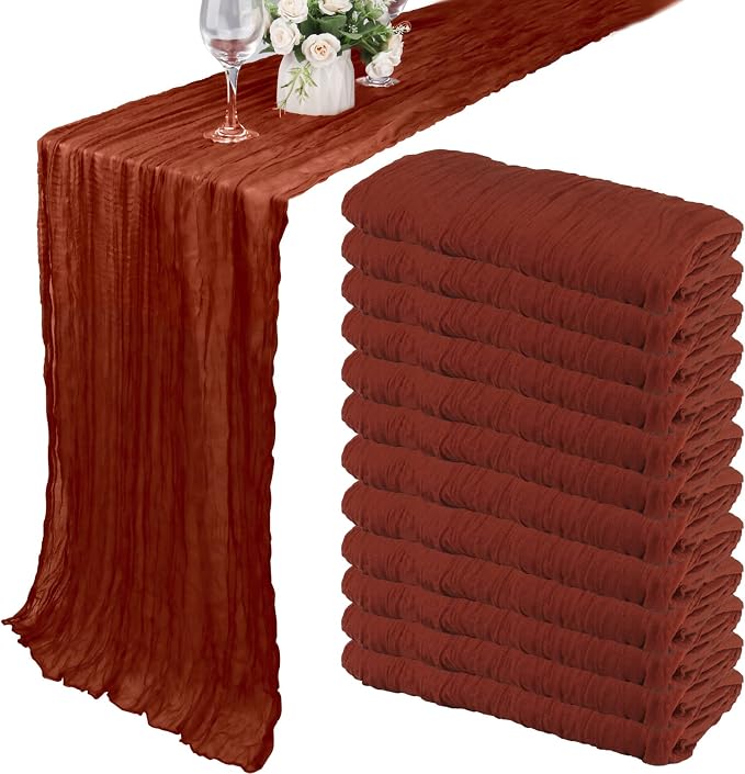 12 Pack Cheesecloth Table Runner 35x72 Inch Boho Gauze Table Runner Rustic Cheese Cloth Long Romantic Table Runners for Wedding Bridal Shower Birthday Party Table Decor (Terracotta)
