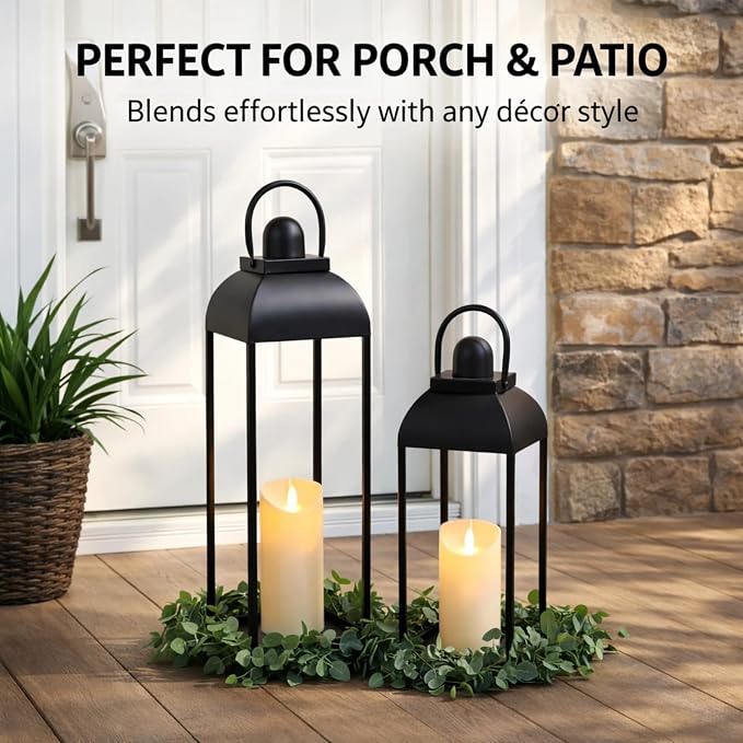 25'' 19'' Lanterns Decorative Outdoor Indoor, Black Metal Outdoor Lanterns | Set of 2 No Glass Modern Farmhouse Decorative Lantern with Candle and Remote Control for Fireplace, Patio, Porch, Floor
