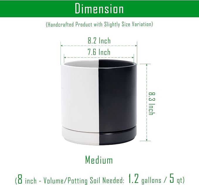 D'vine Dev 8.2 Inch Ceramic Planter Pot, Black White Split, 94-O-D-0 | Modern Cylinder Design, Drainage Hole & Saucer Included, Stable Structure, Elegant Home Accent