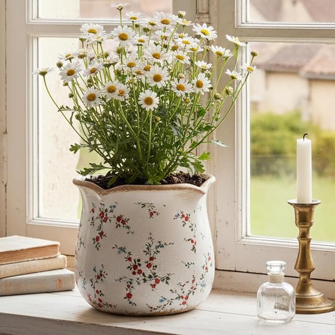 Ceramic Pots for Plants, Vintage Rustic Plant Pot with Drainage Hole | 6.11 Inch Planter for Indoor Plants, French Country Crackle Glaze Flower Pot, Grandma Core Home Decor, Small Red Blooms