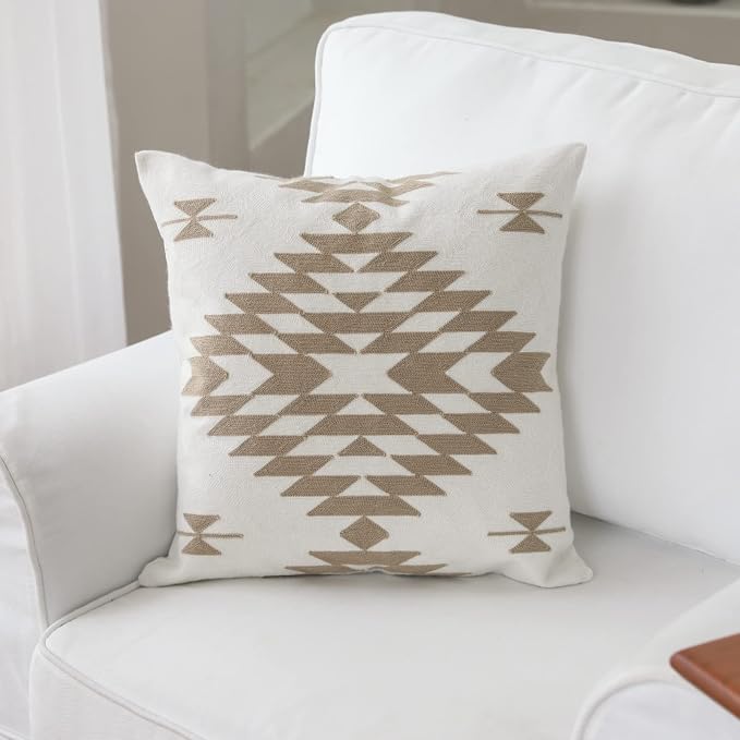 IKATYARN Beige Aztec Pattern Embroidery Throw Pillow Cover,Boho Tribal Geometric Pillowcase, Modern Farmhouse Brown Cushion Case for Couch Sofa Bed, 20"x20"