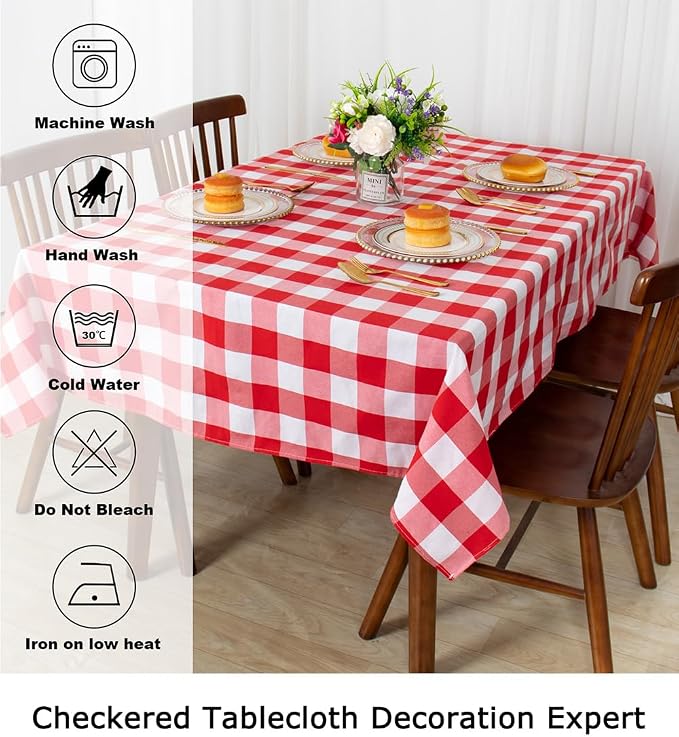ShinyBeauty 60''x60'' Red & White Checkered Tablecloth - Cotton Farmhouse Plaid, Wrinkle-Resistant, Fits 4-6 Seats - Perfect for Dining, Outdoor, Parties, Home Buffalo Plaid Table Cloth