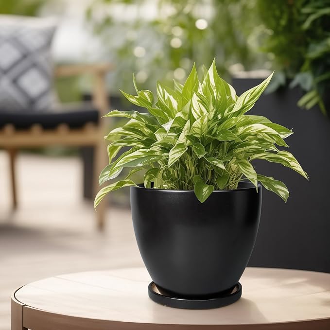 Ceramic Pots for Plants - 6.8 Inch Plant Pot with Drainage Hole and Saucer, Succulent Round Flower Planters for Indoor, Home Decor, Black