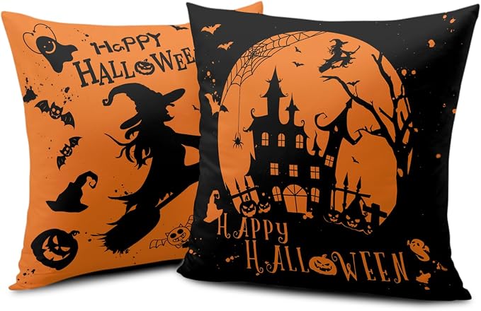 2 Pack Happy Halloween Pillow Covers 22x22 Castle Witch Halloween Decoration Fall Pillow Covers Halloween Indoor Decor Black and Yellow Pillow Case Cotton Blend for Sofa