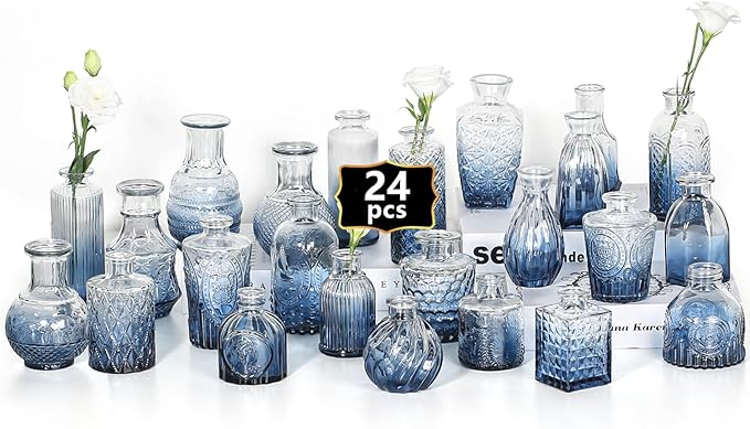 24PCS Mini Bud Vases As Wedding Centerpieces for Tables,Clear Bud Vases for Flowers,Small Flower Vases Suitable for Birthday Party,Anniversary,Wedding Reception,Baby Shower (Blue)