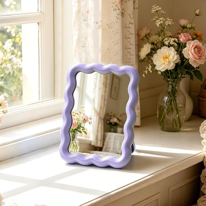 Wave Table Desk Vanity Makeup Mirror Small Make Up Office Mirror Purple | Desk Decor,Cute Mirror,Cute Desk Accessories,Mini Mirror,for Standing Hanging,6.7X5.3Inch,Home Decor