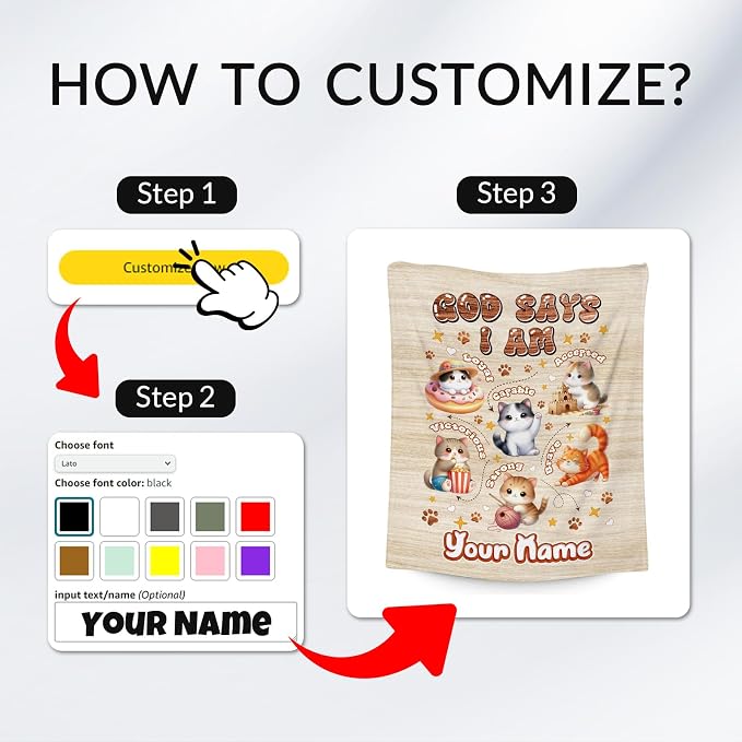 Personalized Cat Blankets with Name, Cat Themed Gifts for Girls Cat Lovers, Animal Print Blanket with Cats on It, God Says I Am Blanket for Kids Daughter Son, Fleece Throw Blankets for Chair, 30"x40"