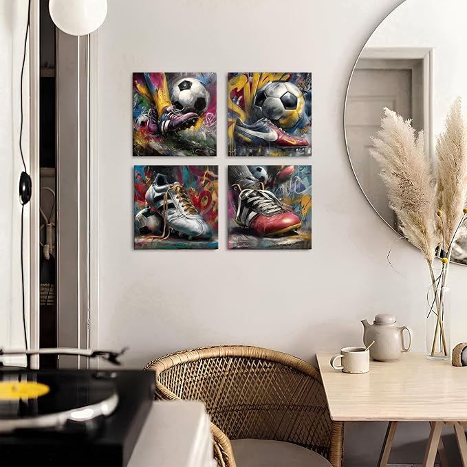 Vintage Soccer Wall Art for Boys Room Graffiti Sports Picture Wall Decor Colorful Sneaker Football Canvas Prints Kids Toddler Playroom Rustic Modern Abstract Artwork Home Decorations 12x12" 4 Pieces