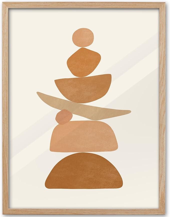 KensTro 12x16 Oak Framed Beige Boho Christian Abstract Wall Art | Natural Oak Wood Frame with Earth-Tone Stacked Shapes, Minimalist Faith-Inspired Decor for Living Room, Bedroom or Office