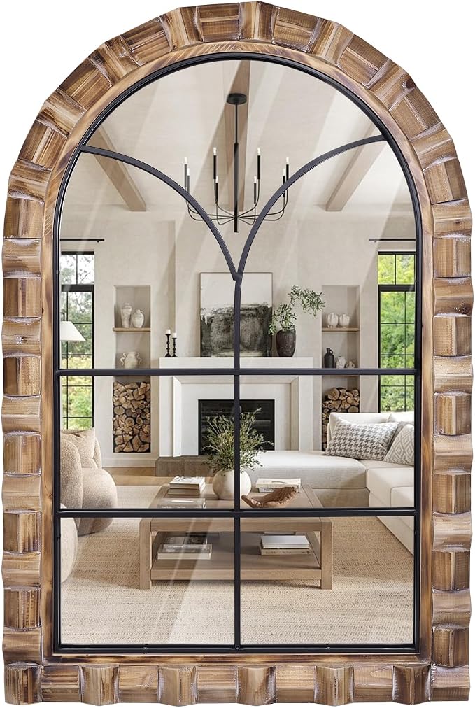 36x24 Inch Arched Window Pane Wall Mirror | Rustic Farmhouse Solid Wood Decorative Mirror for for Living Room, Bedroom, Entryway & Bathroom