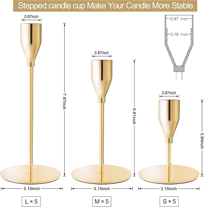 Gold Candlestick Holders, Metal Taper Candle Holders, Bulk Set of 15 | Elegant gold candle stands, 3 heights, for wedding centerpieces,dining tables, mantels, Thanksgiving,Christmas and home decor