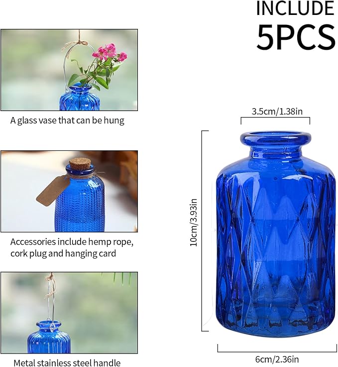 ELEGANTTIME Cobalt Blue Glass Bud Vase Small Flower Vase Mini Bottle with Cork Wire Handle Design for Deco Cafes, Office Table, Home and Garden(Set 5)