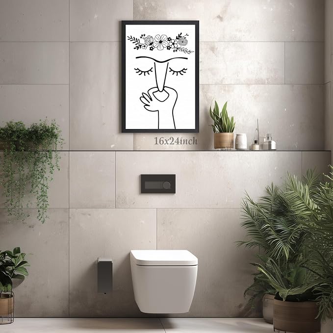 LLEEMPI Funny Pinching Nose Floral Bathroom Wall Art,12x16 Framed Print | Black and white minimalist line art with playful bathroom humor for restroom, office or hallway; a unique housewarming gift.