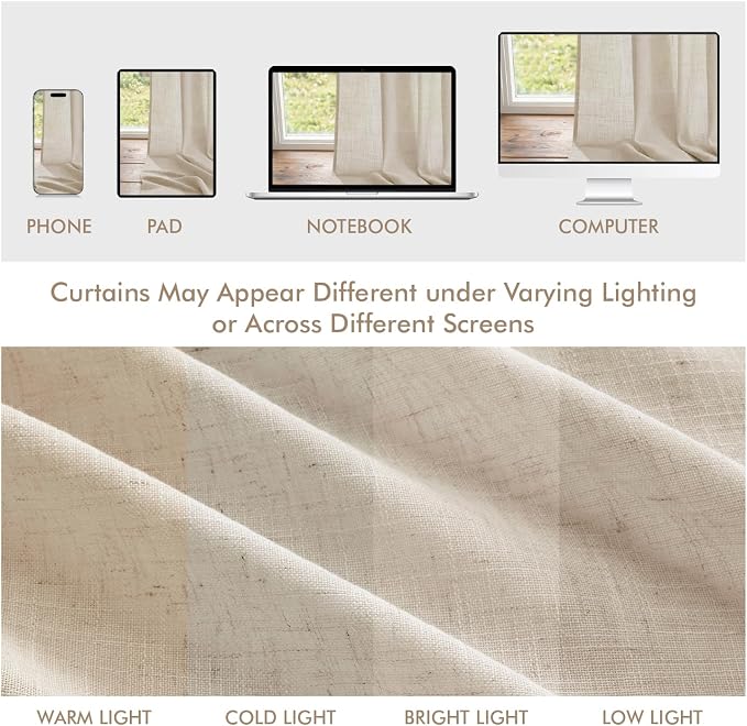 MIULEE Oatmeal Back Tab Linen Curtains 4 Panels 42W x 102L | Linen material, light filtering, rod pocket back tab hanging, farmhouse decor for living room bedroom