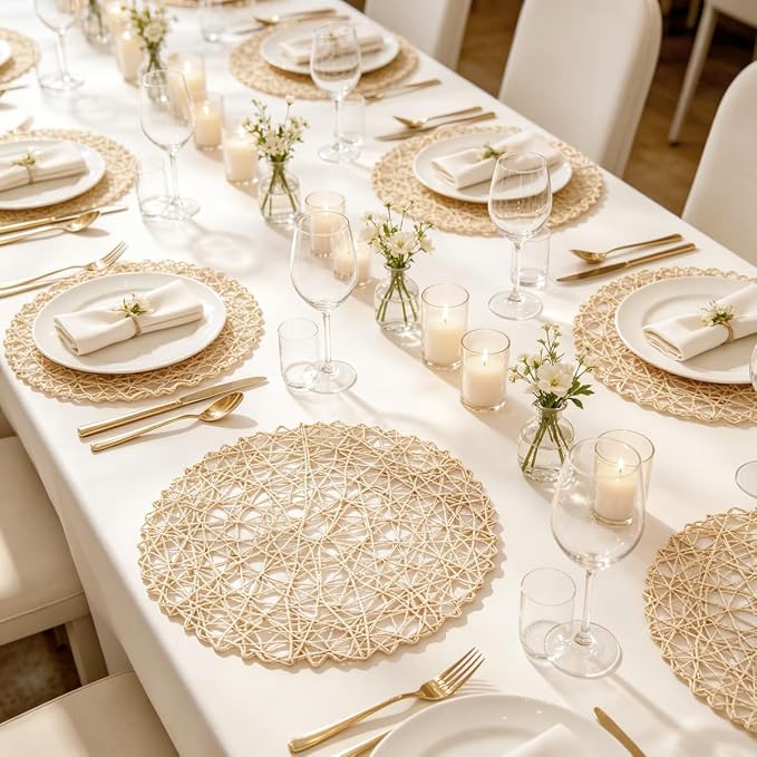IcosaMro Beige Round Placemats Set of 12 for Dining Table, 13 Inches Paper Woven Boho Small Decorative Circle Place Mat for Wedding Christmas Thanksgiving Day Holiday Dinner, Beige