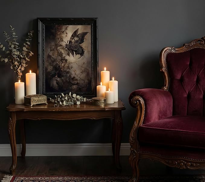 Black Framed Gothic Moth Canvas Wall Art, Vintage Dark Floral Painting Picture Wall Decor, Witchy Moody Insect Poster Prints Artwork for Bedroom Living Room Kitchen Home Decoration, 12x16in