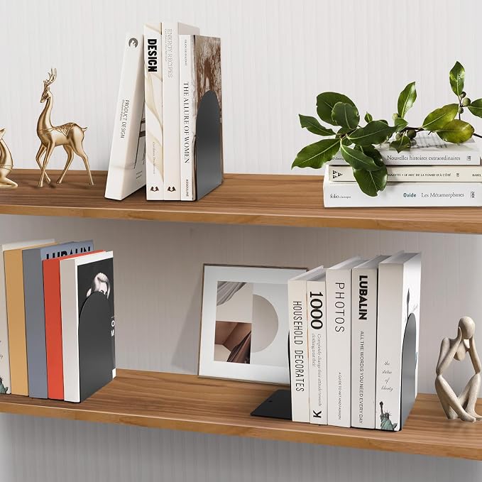 8 Pcs Metal Bookends - Book Ends for Shelves, Black