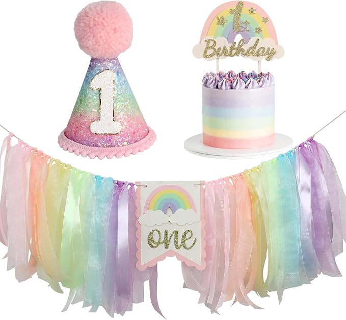 Macaron First Birthday Party Decorations Pastel Rainbow High Chair Banner Crown Cake Topper for Girl 1st Birthday Decor