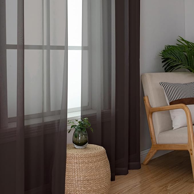 Simplebrand Chocolate Sheer Curtains 96 Inches Long, Light Filtering Rod Pocket Solid Color Window Sheer Curtain Panels, Elegant Curtains & Drapes for Living Room, Bedroom 2 Panels, 42" W x 96" L