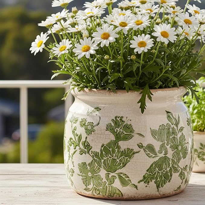 Tuscan Ceramic Indoor Plant Pot, Rustic Farmhouse Vase for Home Decor | 6.29'' Decoration Planter for Snake Plant, Pothos and Houseplant Pots, Vintage Office & Tabletop Decor, Gift for Mom (Green)