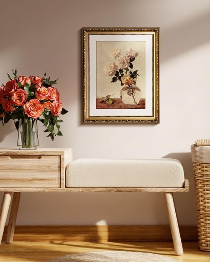 WHASAYART Vintage Gold Framed Beautiful Flowers Canvas Wall Art 13x16 Inch | Antique Still Life Rose in Vase Painting Print, Classic Botanical Wall Decor Artwork Living Room Entryway Bedroom Office