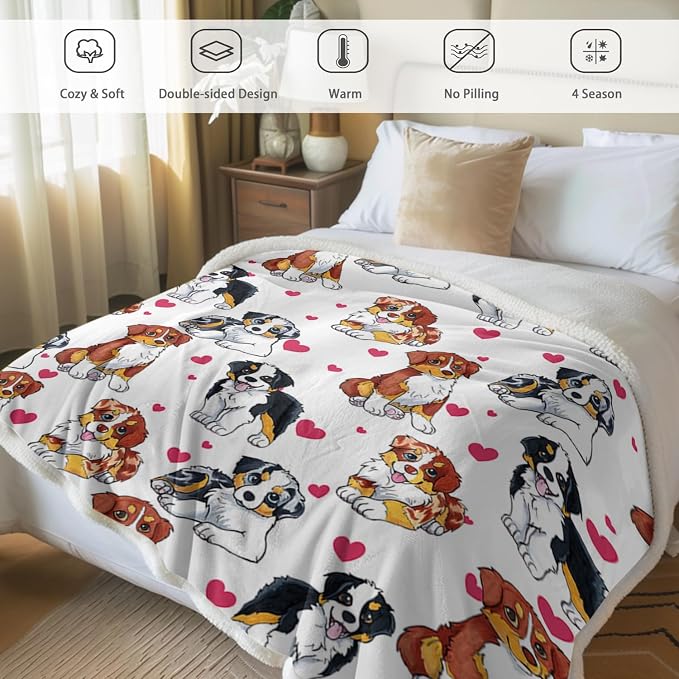 BlessLiving Throw Blanket, Red Dog Animal Australian, Twin | soft microfiber feel, Hearts Cat Plush Puppy 3D Gift print, for kids rooms, pet lovers, easy machine care