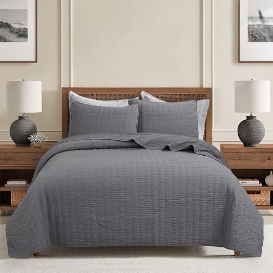 Cozy Line Home Fashions 100% Cotton 3-Piece Charcoal Gray Solid Classic Modern Quilted Bedspread with Shams, Lightweight All Season Modern Bedding (Channel Gray, Queen)