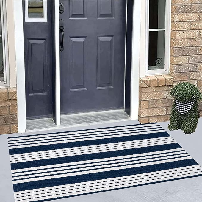 Blue and White Outdoor Rug 24"x51"Washable Cotton Farmhouse Front Porch Rug | Hand-Woven Cotton Indoor Outdoor Layered Doormat For Entryway Combined With Hello Welcome Mat