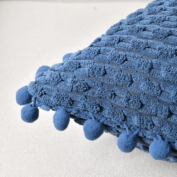 Fancy Homi Set of 2 Dusty Blue Decorative Throw Pillow Covers 16x16 Inch with Pom-poms for Couch Bed Sofa, Rustic Farmhouse Boho Home Decor, Soft Plush Corduroy Cute Cushion Case 40x40 cm