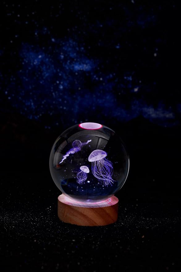 3D Jellyfish Crystal Ball Lamp, 3.15 Inch Jellyfish Crystal Ball Night Light with 16 Colors LED Wooden Base, Remote Control, Gift Box Packaging, Home Decor Gift for Friends