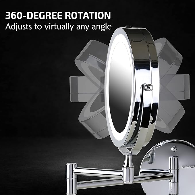 OVENTE 6.8" Lighted Wall Mount Makeup Mirror, 1X & 7X Magnifier, Adjustable Double Sided Round LED, Extend, Retractable & Folding Arm, Compact & Cordless, Battery Powered Polished Chrome MFW70CH1X7X