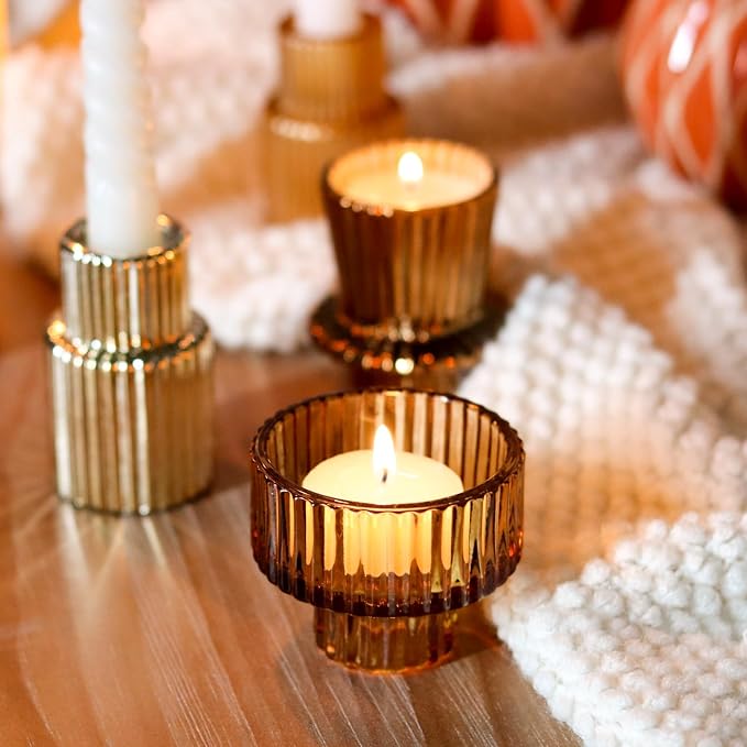 Gold Candlestick Holders 12PCS Ribbed Glass Taper Candle Holders Set for Tealight Candlestick Candles, Table Centerpieces for Thanksgiving Christmas Farmhouse Decor Indoor and Outdoor