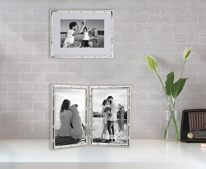 4x6'' Bamboo Detail Double Photo Frames,Silver 6x4'' Double Metal Picture Frames,Elegant Silver Plated Photo Frames 4 x 6'' With Soft Touch Velvet Backing and Real Glass for Desktop and Shelf Decor